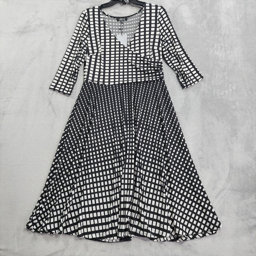 NEW Lbisse Dress Womens L Black Geometric Faux Wrap 3/4 Sleeve Midi Stretch